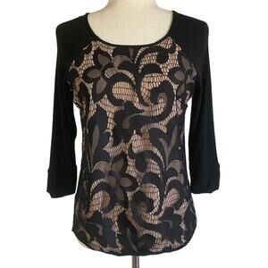 SWEETGREY Black & Cream Floral Lace Overlay 3/4 Sleeve Shirt Size XS